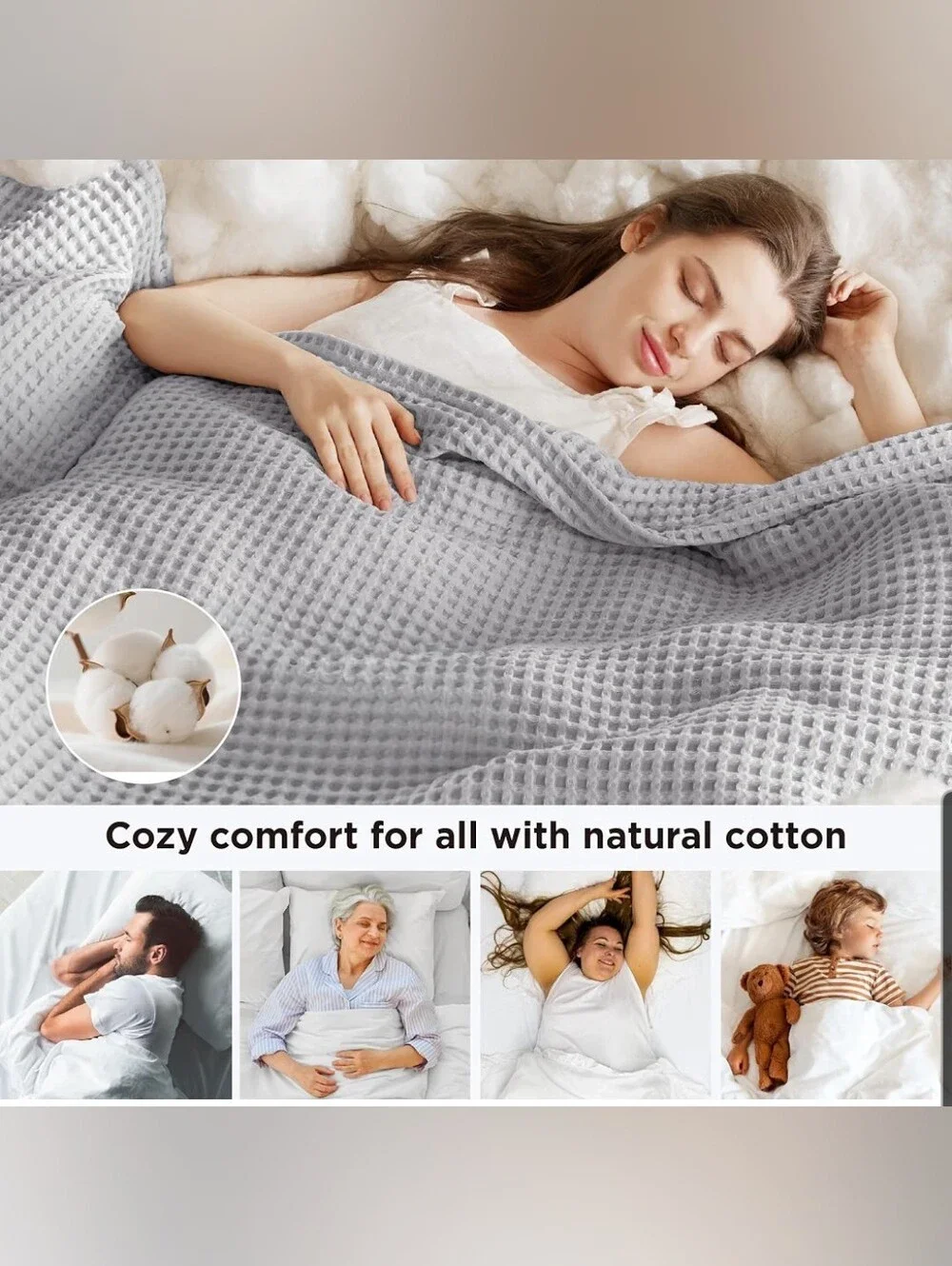Breathable Waffle-Textured All Cotton Throw Blanket — Light Gray TwinXL